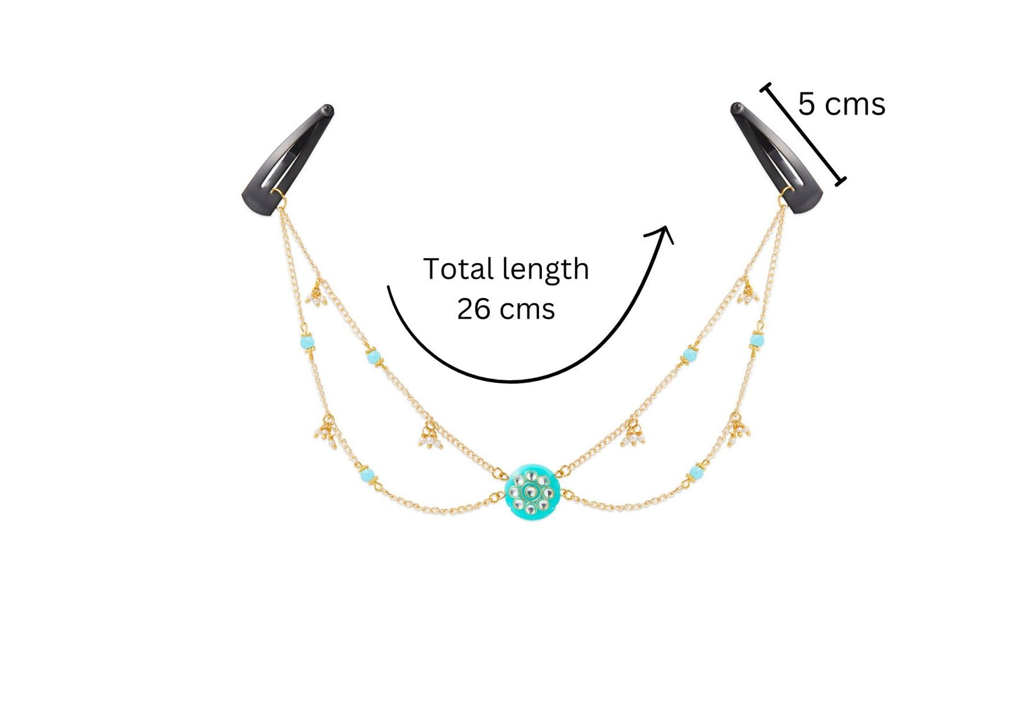 Festive sea green head-chain (maang-tikka) with tic-tac pins (1 Qty) - Sea Green