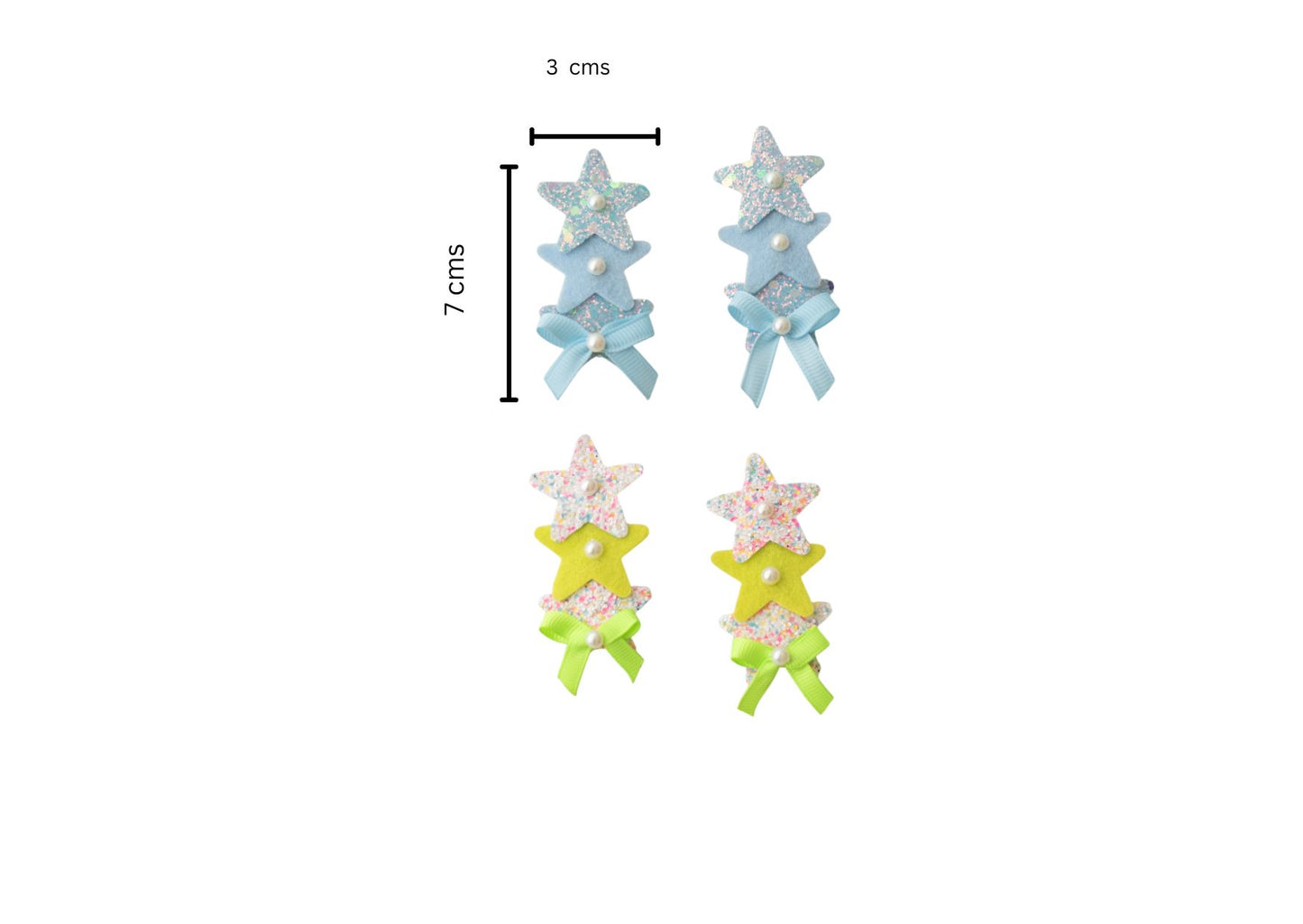 Cute glitter star alligator clips embellished with pearls and small bows - White, Blue, Fluoroscent Green
