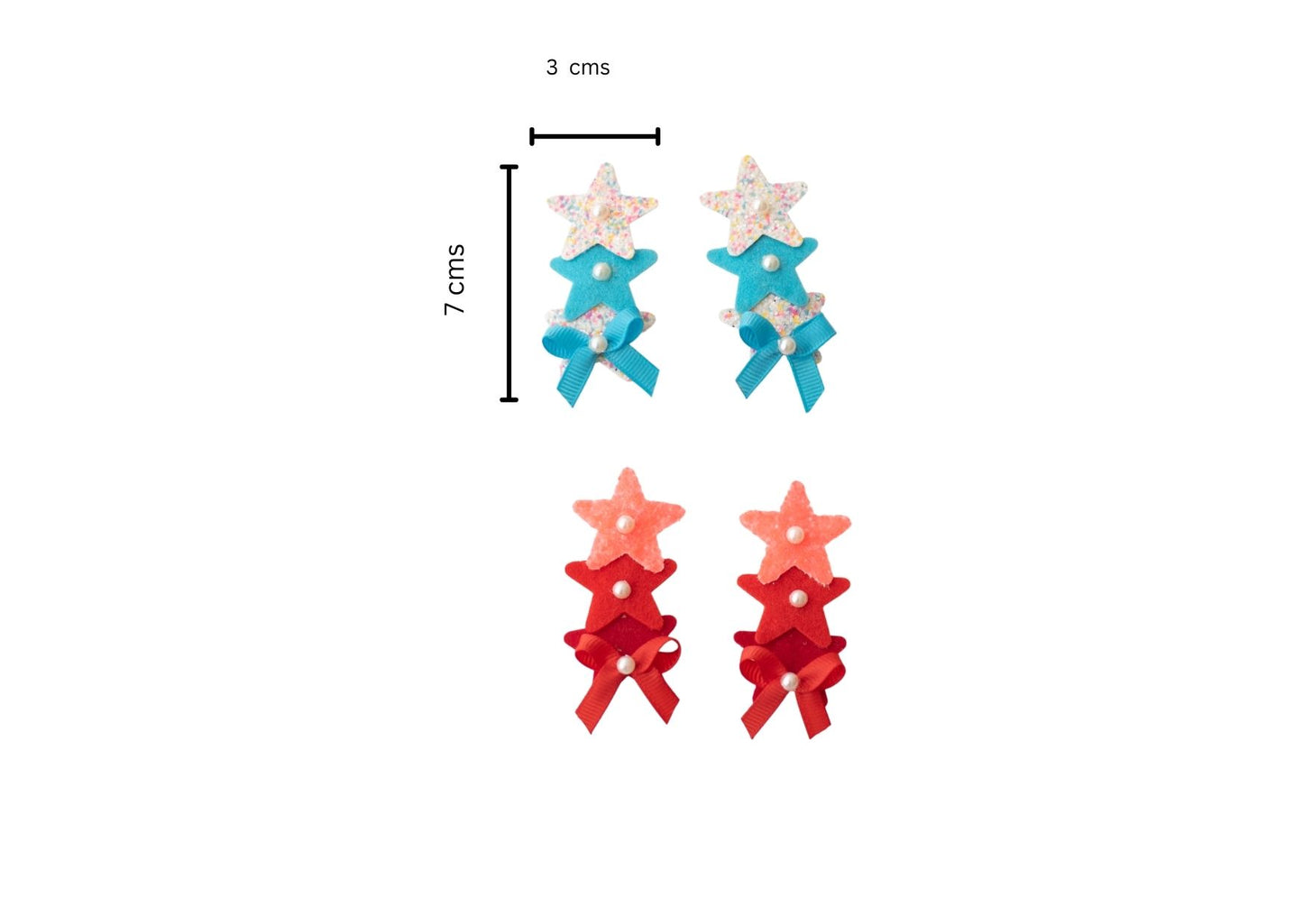 Cute glitter star alligator clips embellished with pearls and small bows - White, Blue, Red