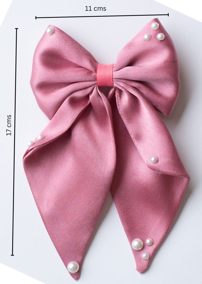 Big fancy satin bow on alligator clip embellished with pearls - Rose Pink