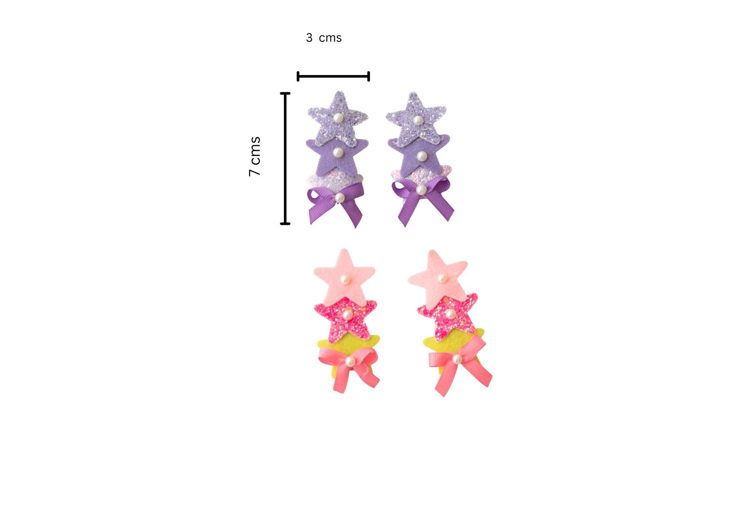 Cute glitter star alligator clips embellished with pearls and small bows - Purple, Pink