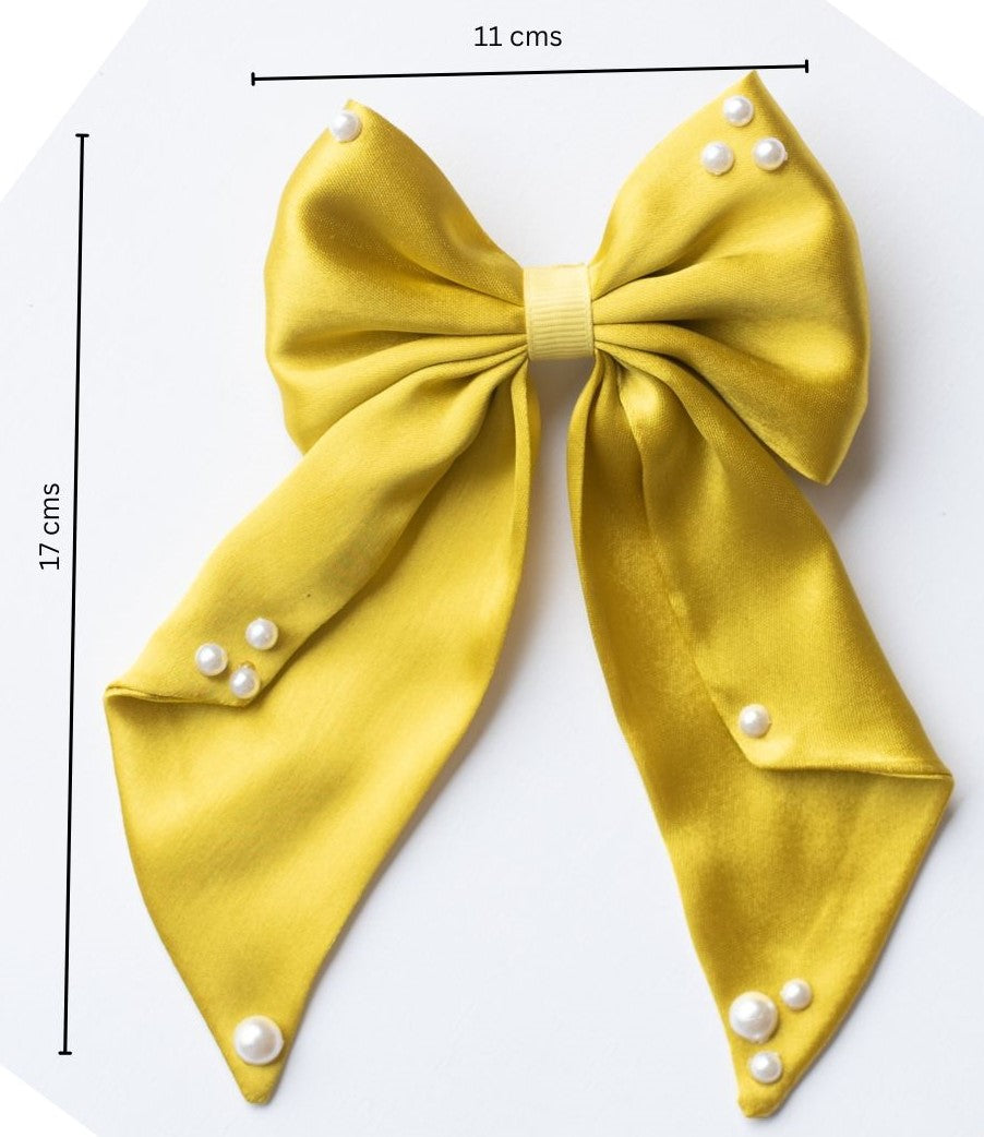 Big fancy satin bow on alligator clip embellished with pearls - Yellow