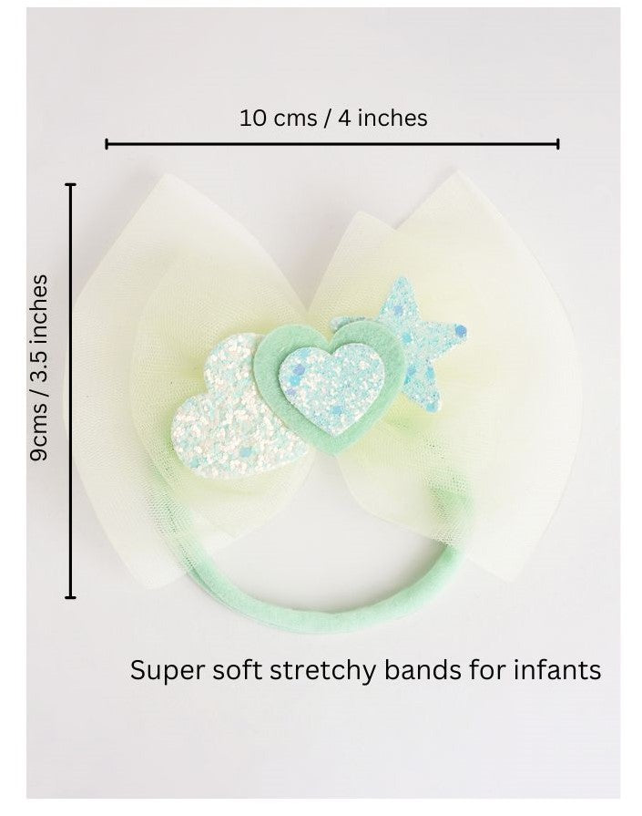 Soft net bow on super soft infant stretchy bands with glitter stars and heats - Sea green