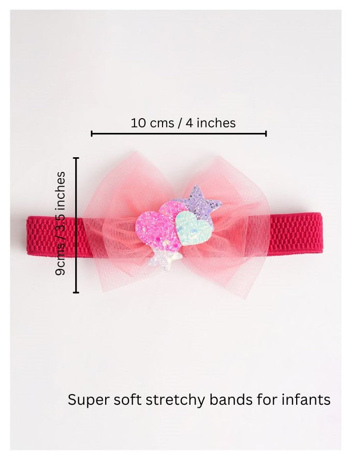 Soft net bow on super soft infant stretchy bands with glitter stars and heats - Red
