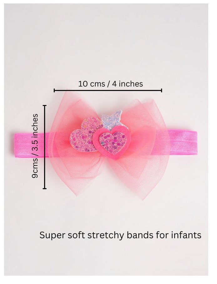 Soft net bow on super soft infant stretchy bands with glitter stars and heats - Pink