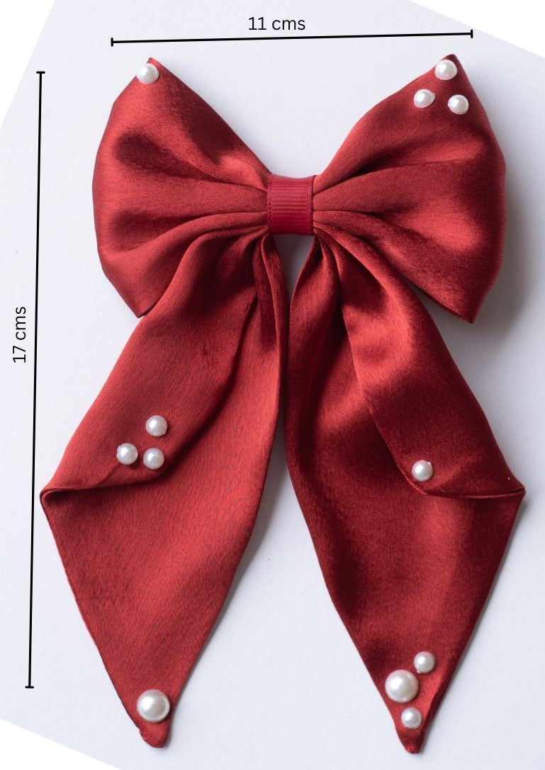 Big fancy satin bow on alligator clip embellished with pearls - Maroon