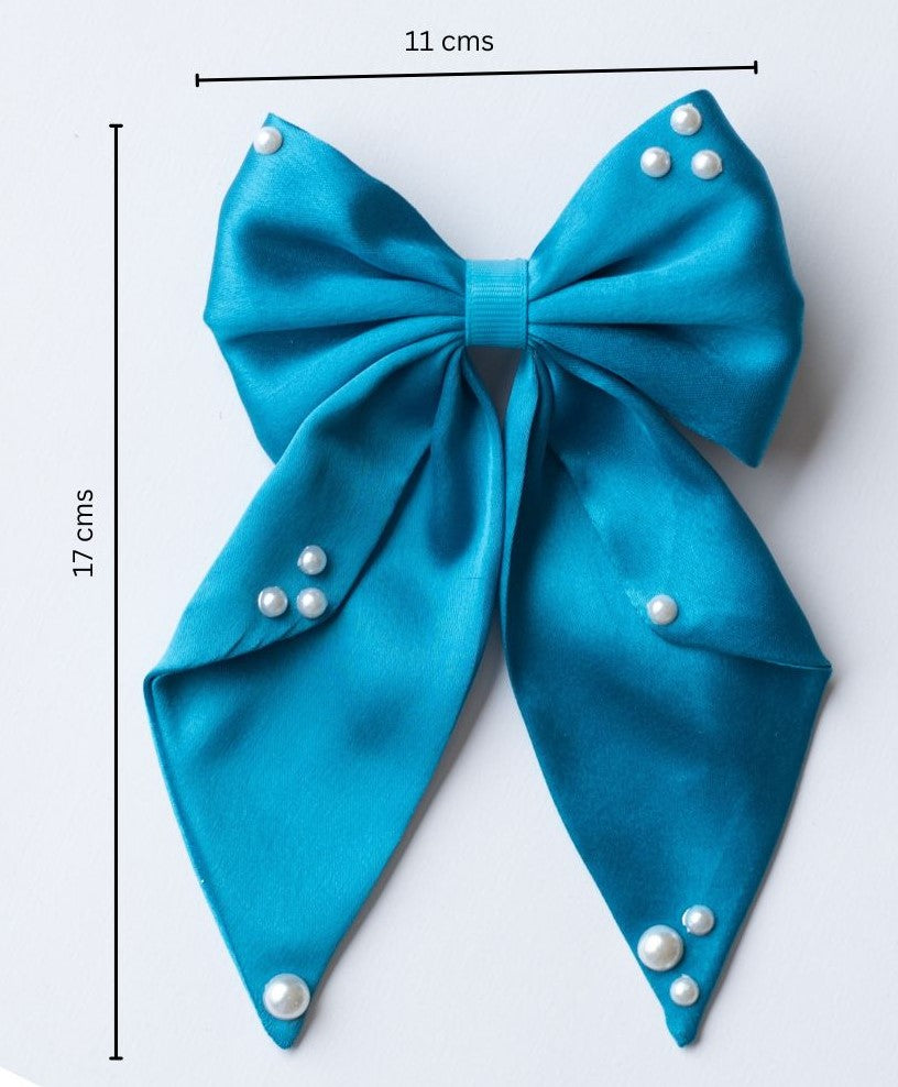 Big fancy satin bow on alligator clip embellished with pearls - Blue.