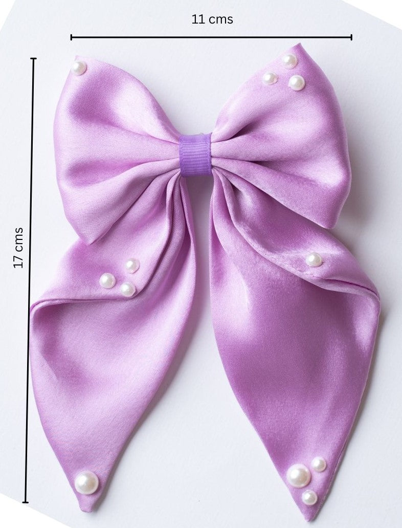 Big fancy satin bow on alligator clip embellished with pearls - Light Purple