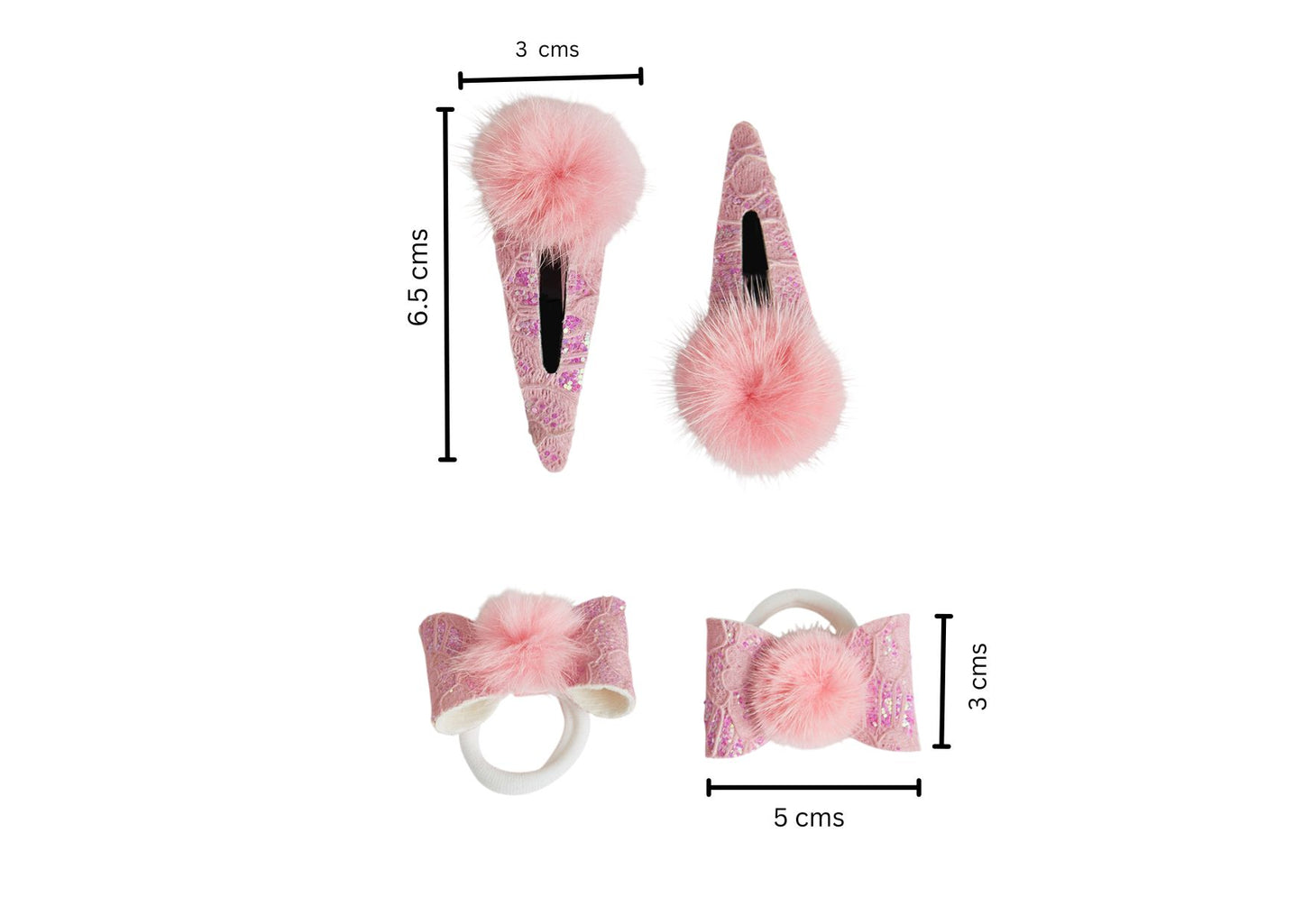 Combo: 1 Pair Cute Shiny Tic Tac Soft Pom Pom Pins & 1 Pair Matching Rubbebands with Bows - Light pink