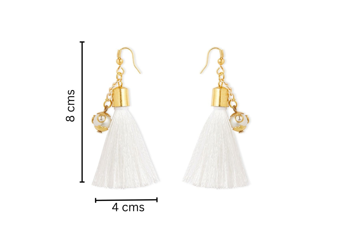 Combo - A festive set of 1 pair white beaded tassle earrings & 1 matching tic tacs with bows (4 Qty) - White