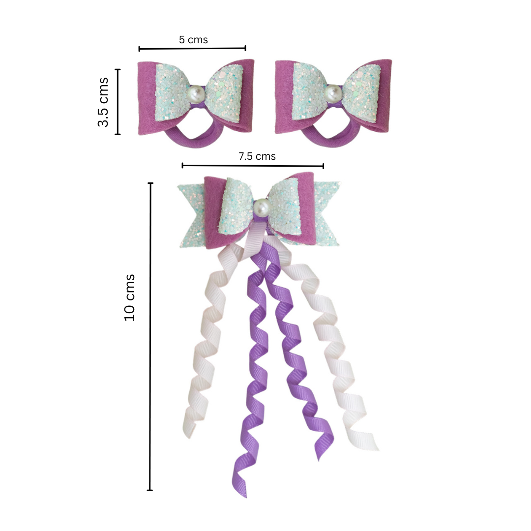 Combo: 1 Dangler Hair-pin and 2 Rubberbands with Fancy Shimmer Bow for Party - Light Pink, Purple