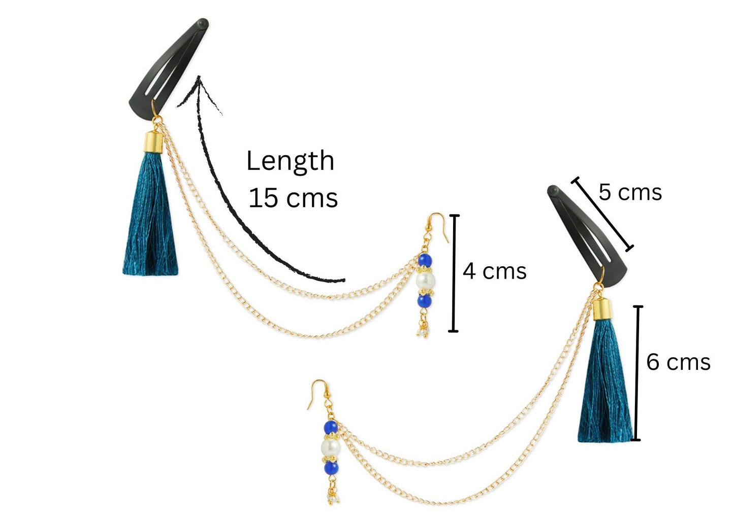 Festive blue 1 pair chain earrings with chain and tassles and tic-tacs pins (2 Qty) - Blue