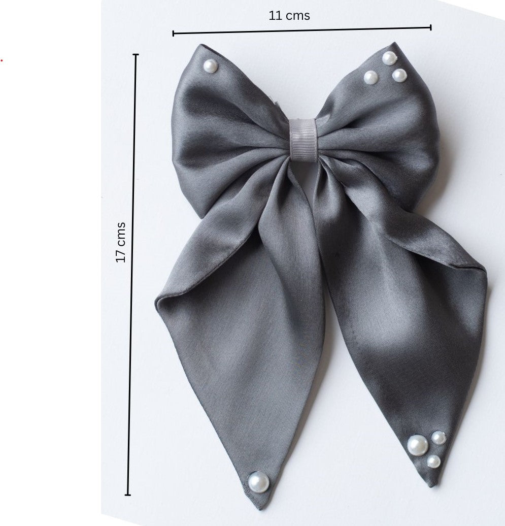 Big fancy satin bow on alligator clip embellished with pearls - Grey