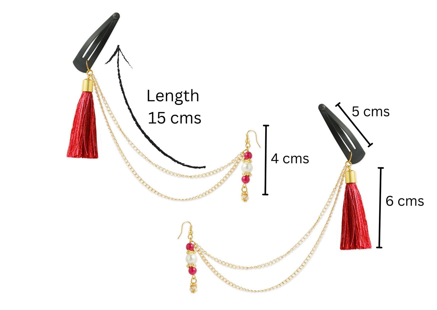 Festive red 1 pair chain earrings with chain and tassles and tic-tacs pins (2 Qty) - Red