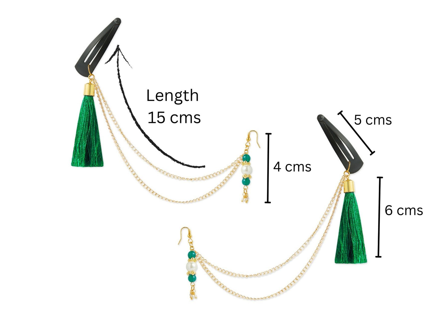 Festive green 1 pair chain earrings with chain and tassles and tic-tacs pins (2 Qty) - Green