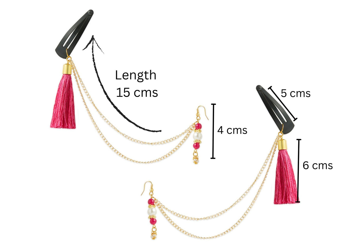 Festive pink 1 pair chain earrings with chain and tassles and tic-tacs pins (2 Qty) - Pink