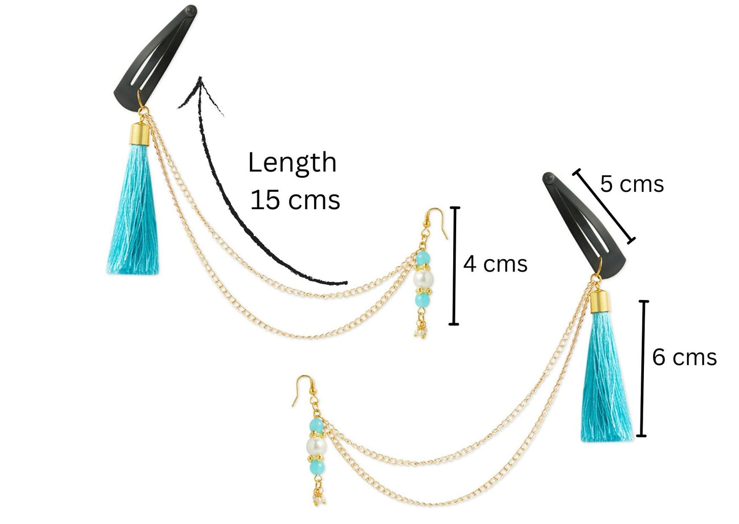 Festive light blue 1 pair chain earrings with chain and tassles and tic-tacs pins (2 Qty) - Light Blue