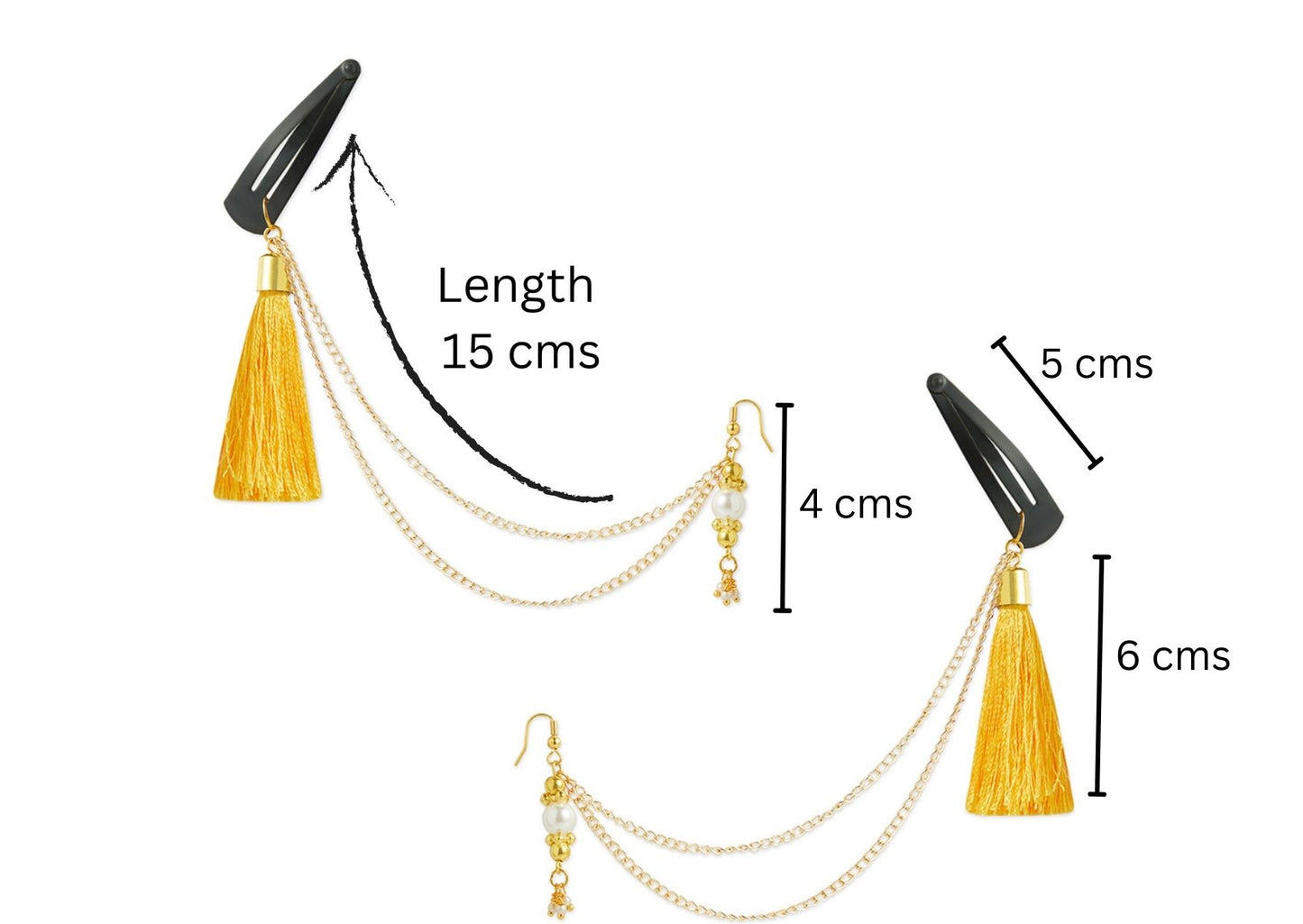 Festive yellow 1 pair chain earrings with chain and tassles and tic-tacs pins (2 Qty) - Yellow