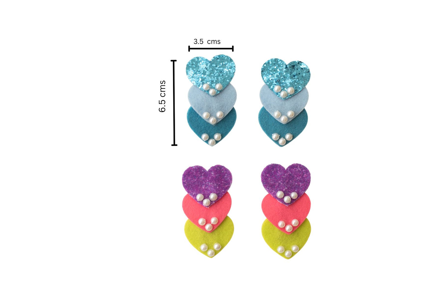 Cute shimmer heart tic-tac pins embellished with pearls - Blue, Purple, Pink, Fluorescent Green