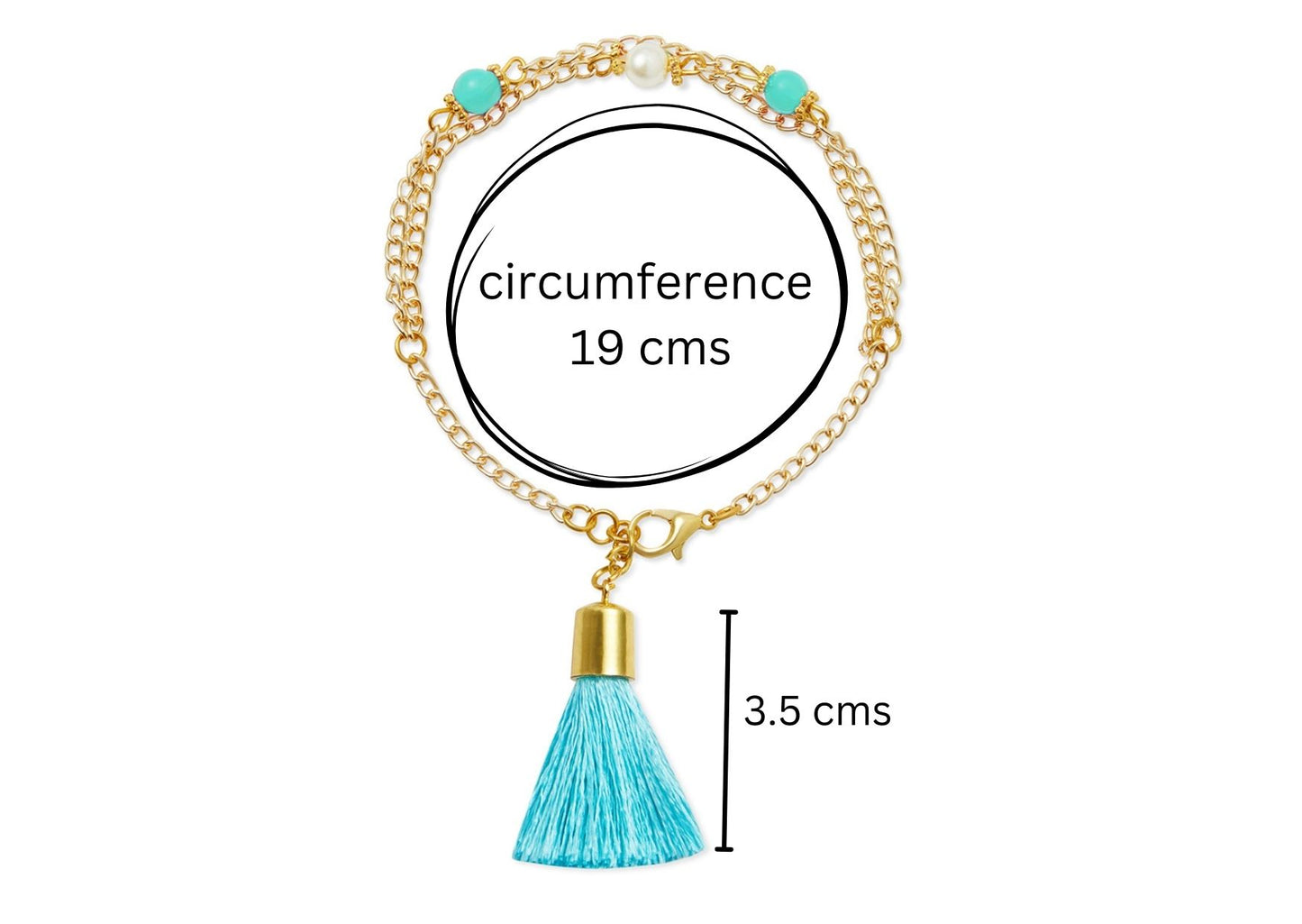 Combo - A festive set of 1 pair light blue beaded tassle with chain earrings & 1 matching bracelet (3 Qty) - Light Blue