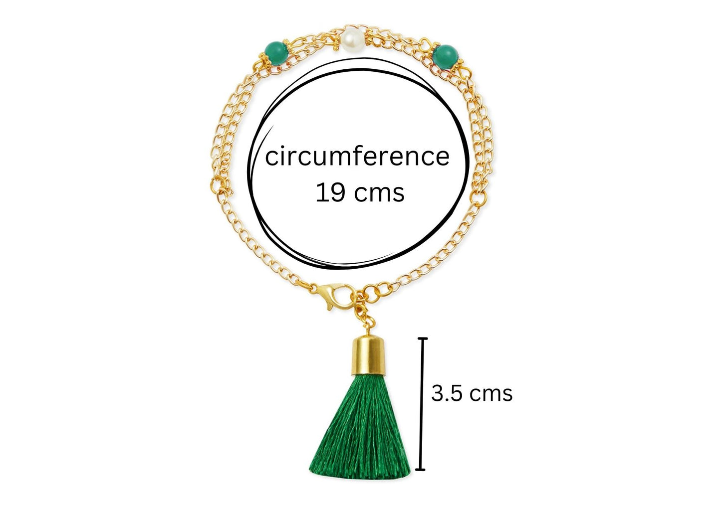 Combo - A festive set of 1 pair green beaded tassle with chain earrings & 1 matching bracelet (3 Qty) - Green