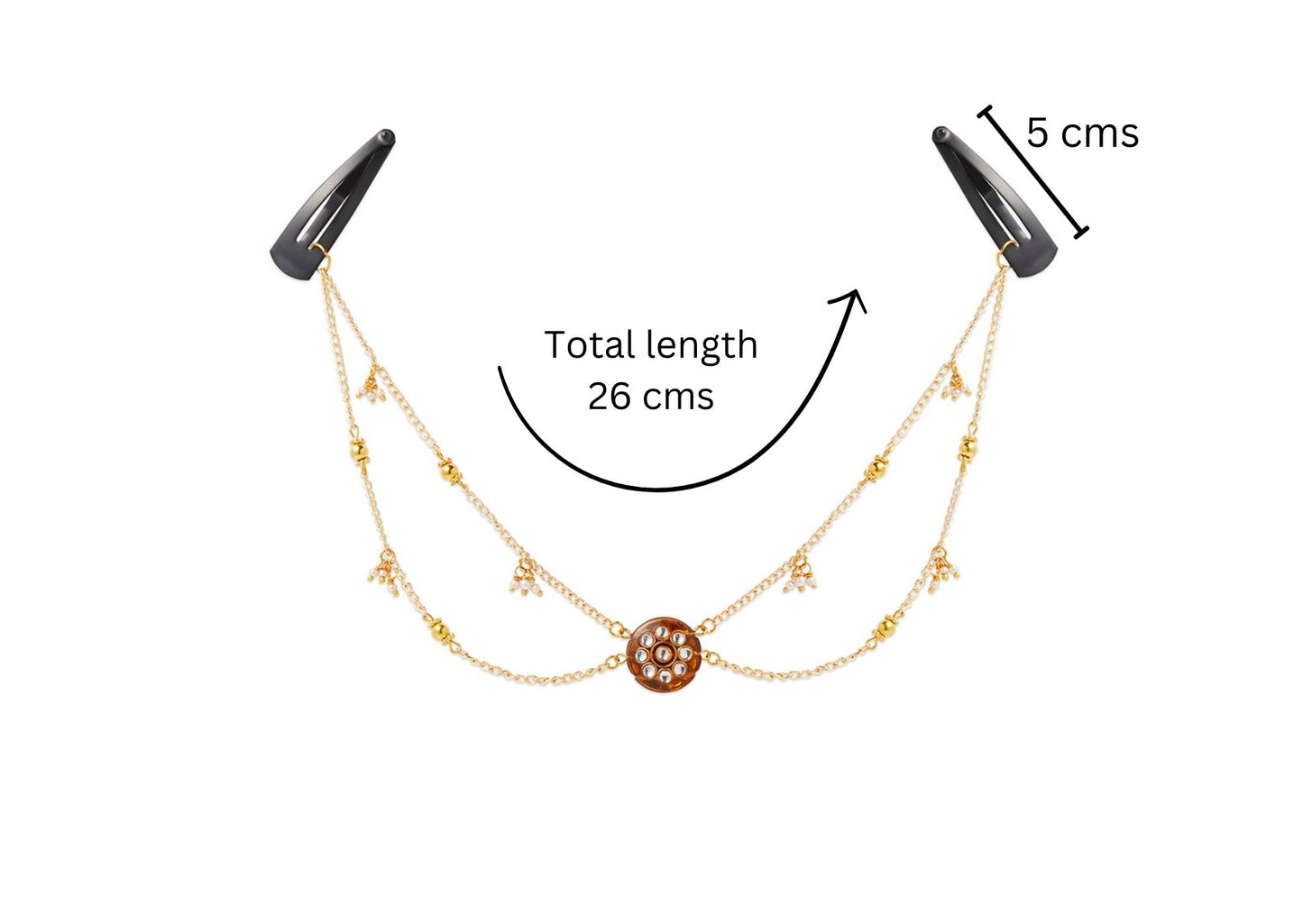 Festive golden head-chain (maang-tikka) with tic-tac pins (1 Qty) - Golden