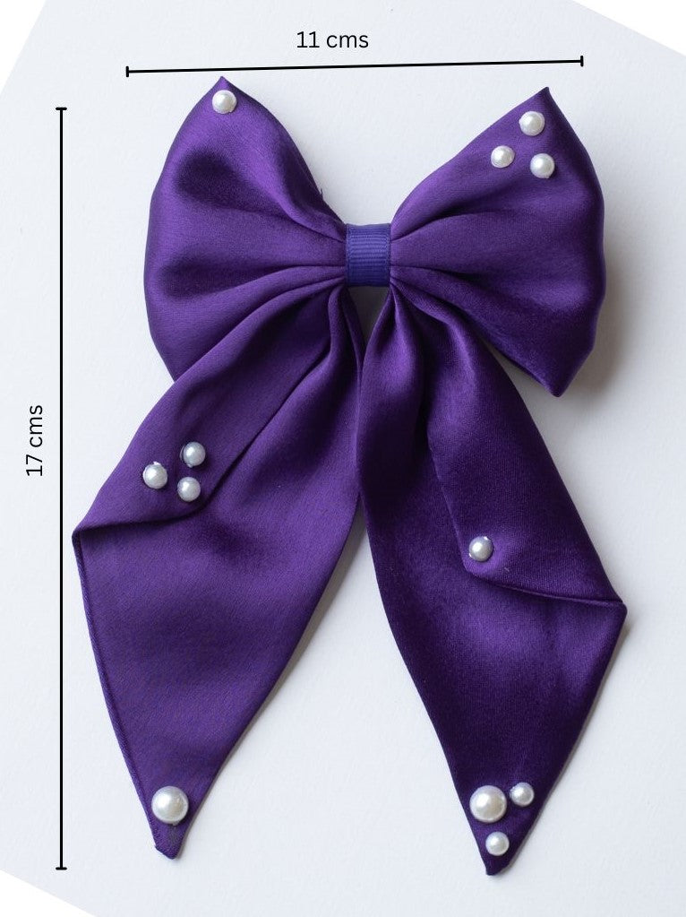 Big fancy satin bow on alligator clip embellished with pearls - Dark Purple