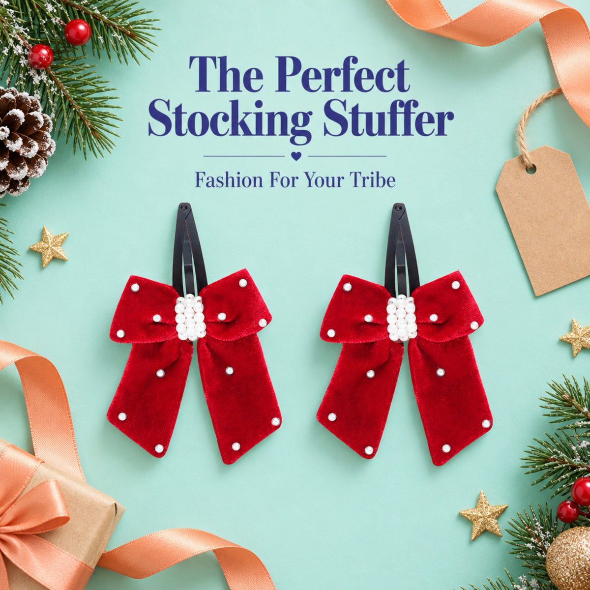 Elegant velvet bow on tic-tac pins with pearls - Red
