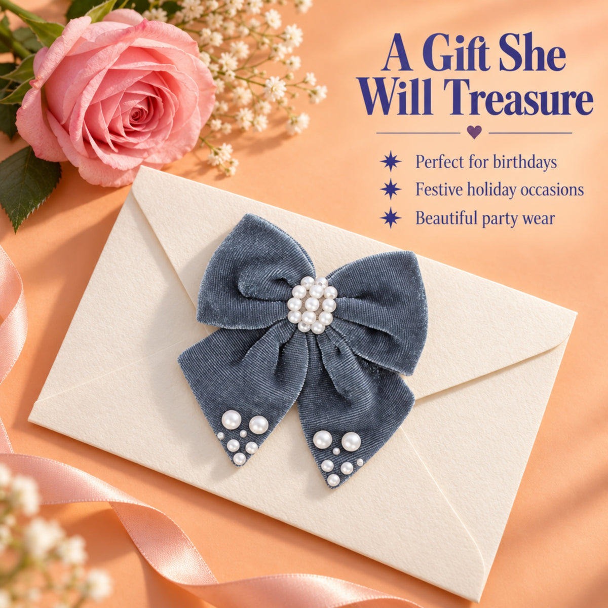 Velvet bow with pearl detailing on alligator clip - Grey