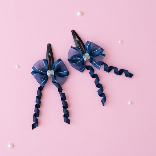 A pair of shiny organza bow on tic-tac with dangler - Navy Blue, Silver