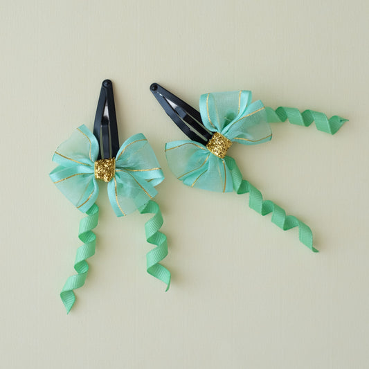 A pair of shiny organza bow on tic-tac with dangler - Sea green, Gold