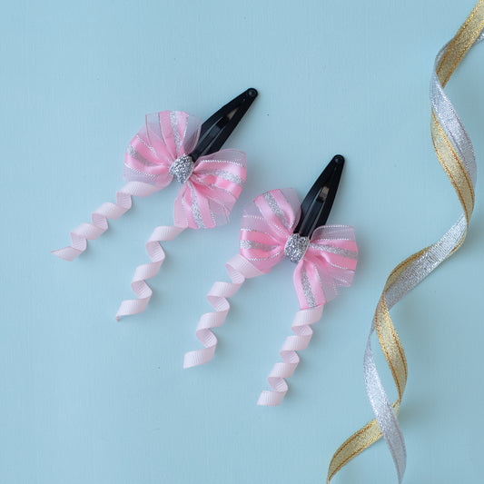 A pair of shiny organza bow on tic-tac with dangler - Pink, Silver