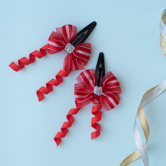A pair of shiny organza bow on tic-tac with dangler - Red, Silver
