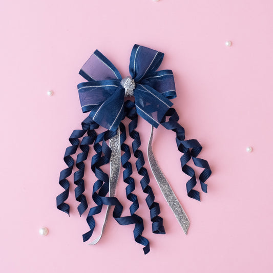 A pinwheel bow on alligator pins with danglers - Navy blue, Silver
