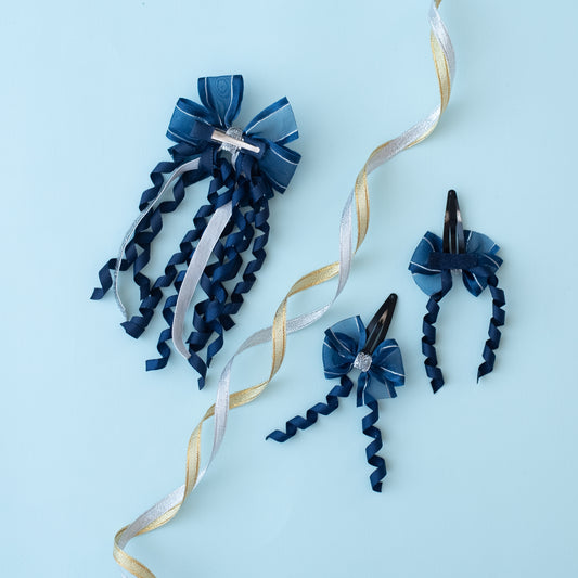 Ribbon Candy - A pair of shiny bow tic-tac clips, fancy alligator pin with dangler - Navy blue, Silver