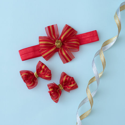 Combo : Set of 1 pair bow alligator pins & 1 pinwheel stretchy band  - Red, Gold