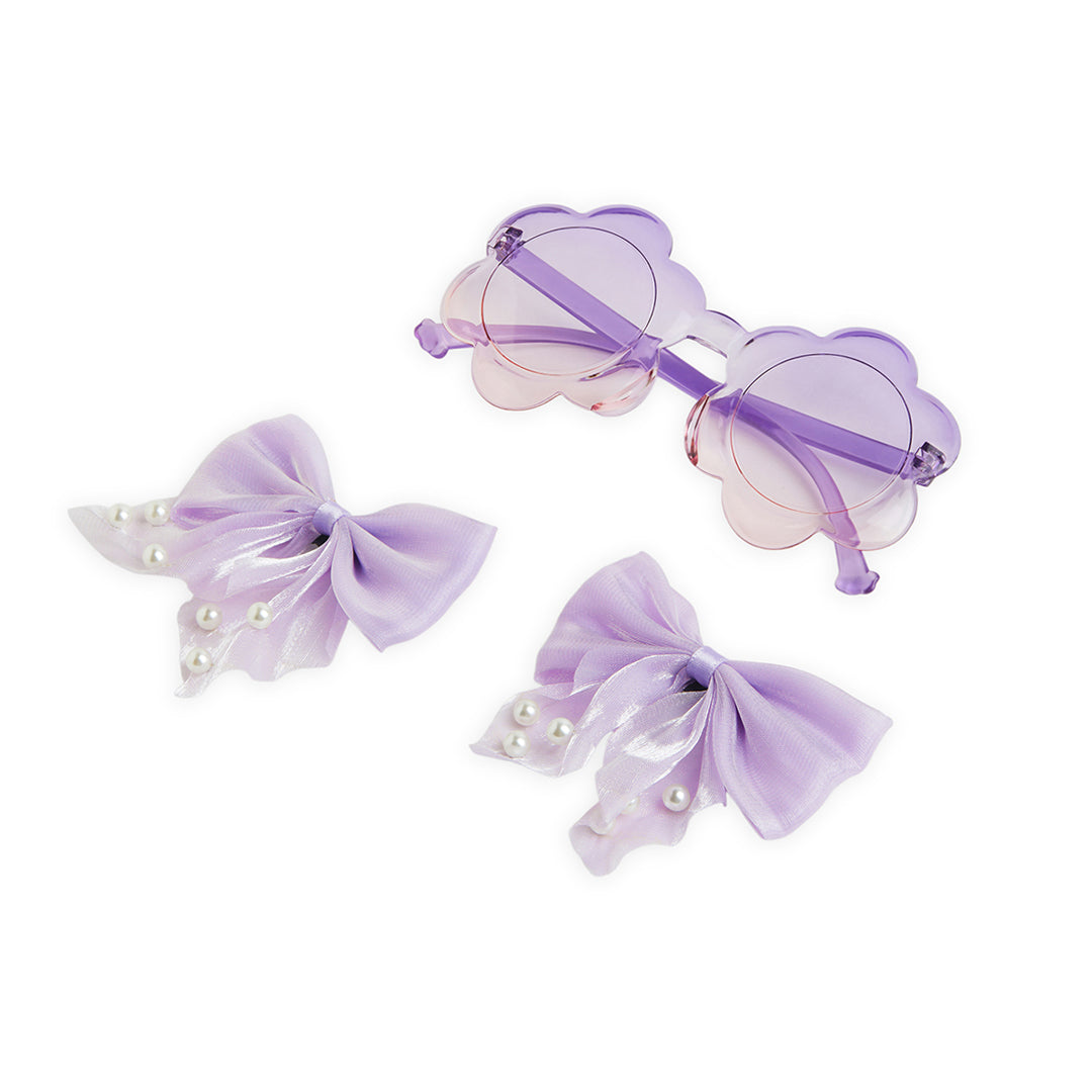 Pack of 1 Pair Shiny Bow Alligator Clips with Pearl Detailing & Matching Sunglasses – Purple A