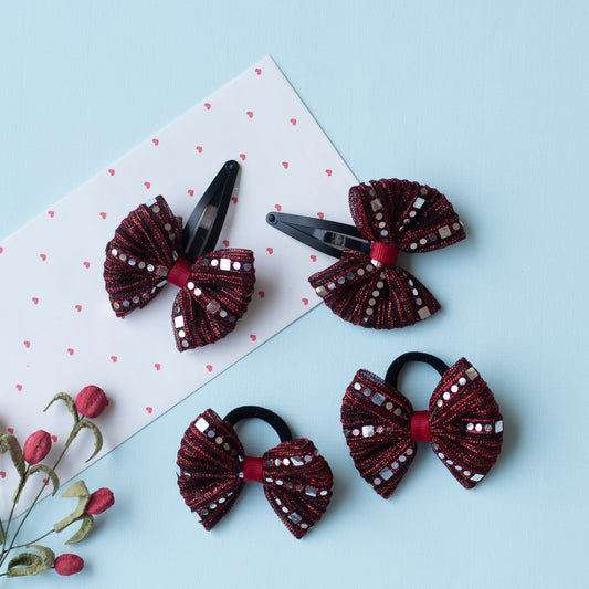 Combo : 1 Pair shiny bow tic-tac pins, and 1 pair matching bow rubberbands - Maroon