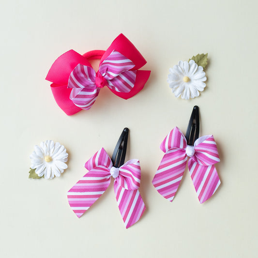 Combo: Cute striped print bow on tic-tac pins and dual bow rubberband - Pink