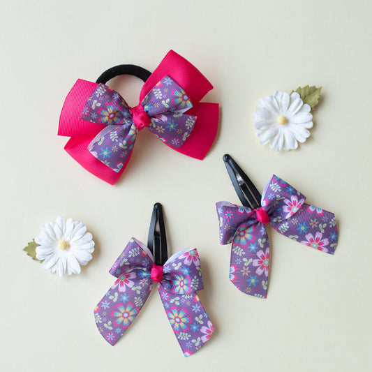 Combo: Cute flower print bow on tic-tac pins and dual bow rubberband -Purple and Pink