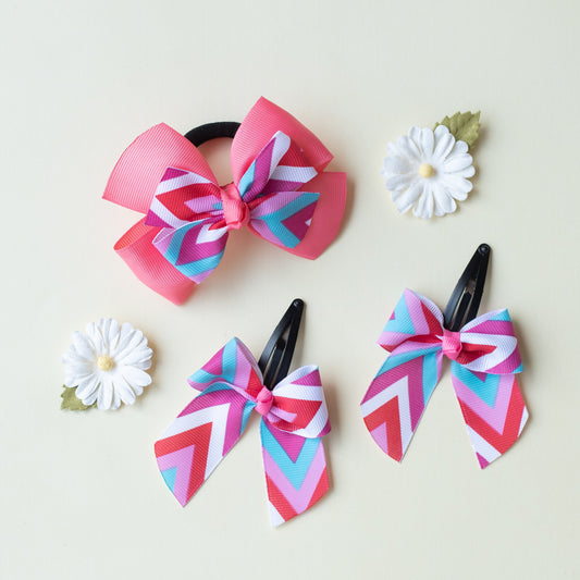 Combo : Cute zig-zag print bow on tic-tac pins and dual bow rubberband - Pink, Blue and White