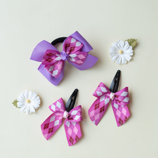 Combo : Cute checkered print bow on tic-tac pins and dual bow rubberband - Pink and Purple