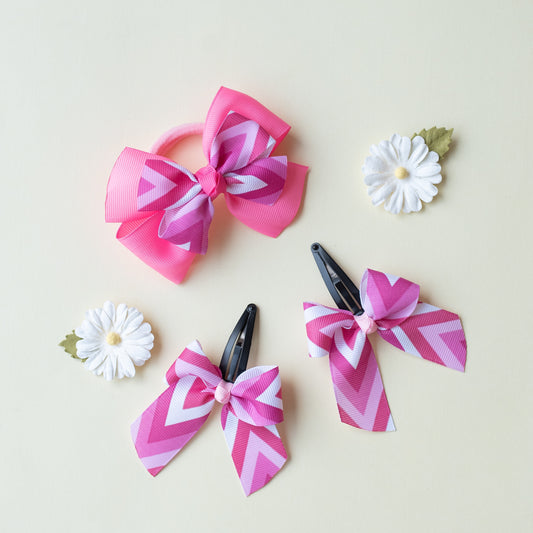 Combo : Cute zig-zag print bow on tic-tac pins and dual bow rubberband - Pink and White