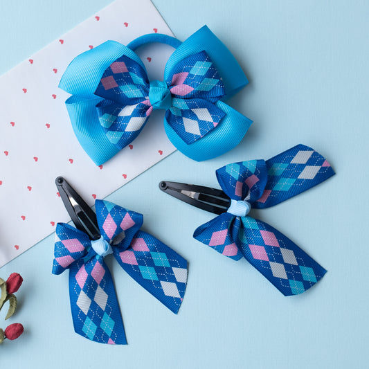 Combo : Cute checkered print bow on tic-tac pins and dual bow rubberband - Blue