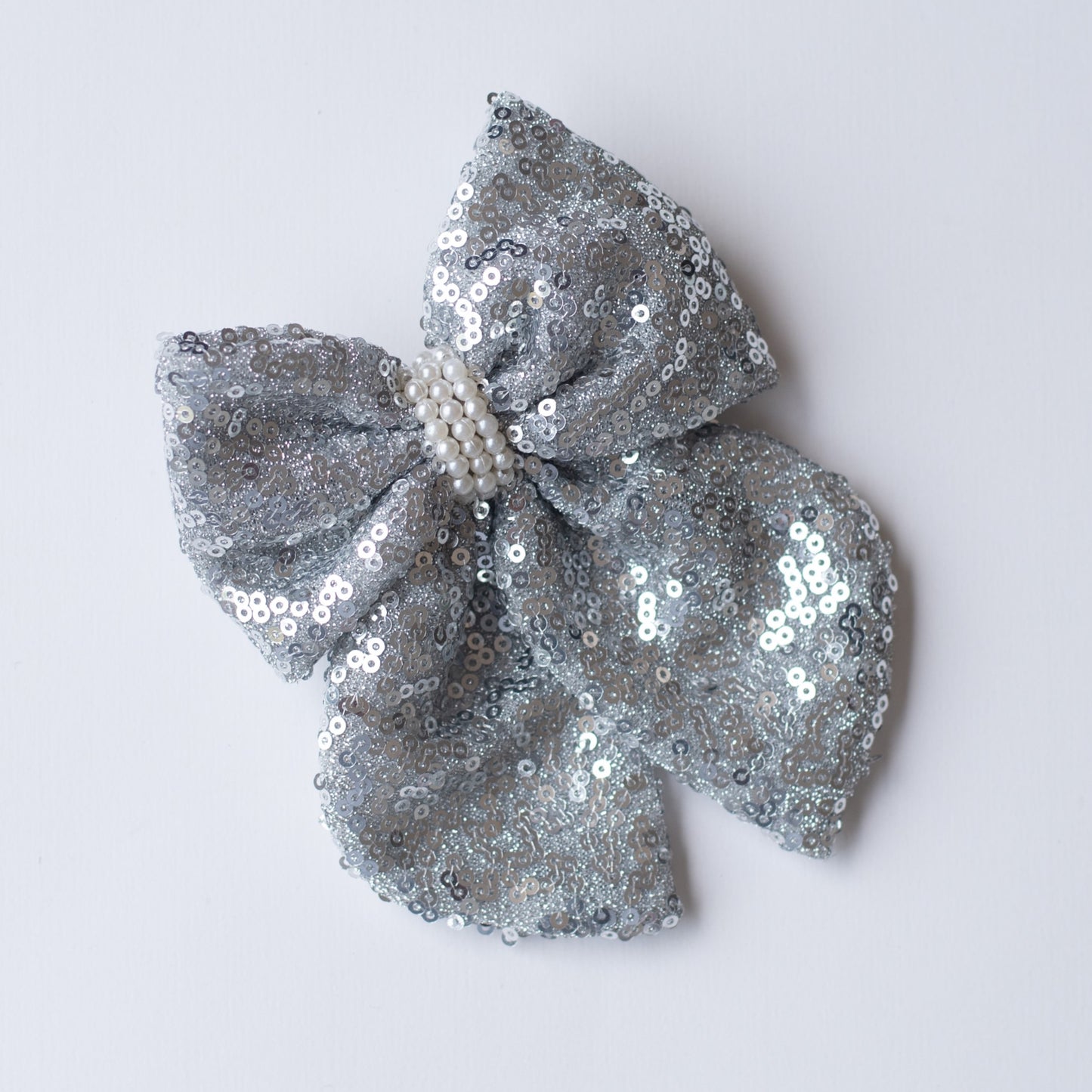 Fancy party sequins big bow with embellished pearls on barette clip - Silver