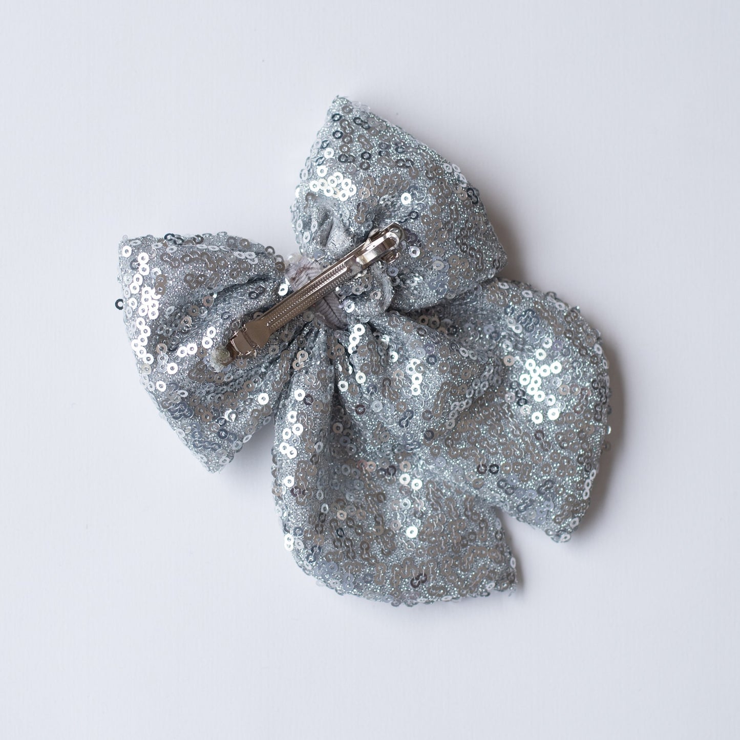 Fancy party sequins big bow with embellished pearls on barette clip - Silver