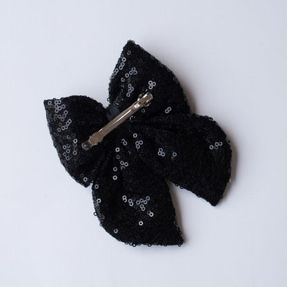 Fancy party sequins big bow with embellished pearls on barette clip - Black