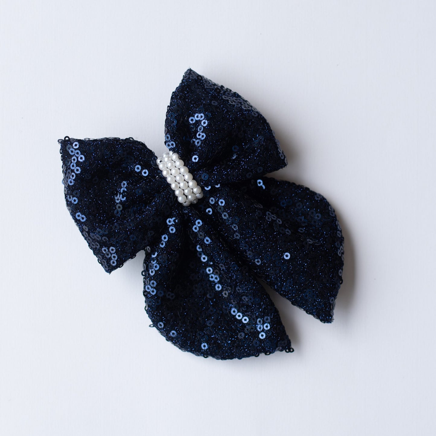 Fancy party sequins big bow with embellished pearls on barette clip - Navy Blue