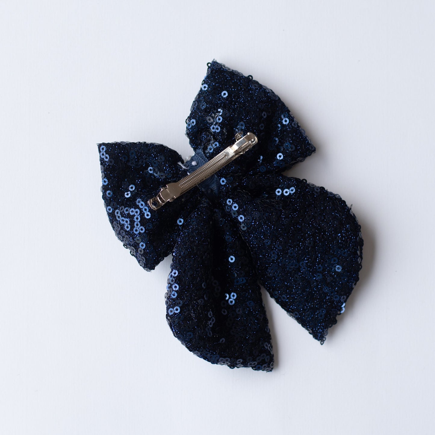 Fancy party sequins big bow with embellished pearls on barette clip - Navy Blue