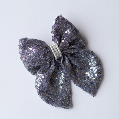 Fancy party sequins big bow with embellished pearls on barette clip - Grey
